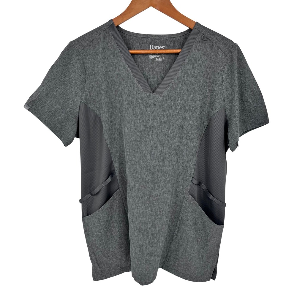 Hanes Scrub Top Women Large Charcoal Grey Heather V-Neck Ribbed Comfort Fit NEW